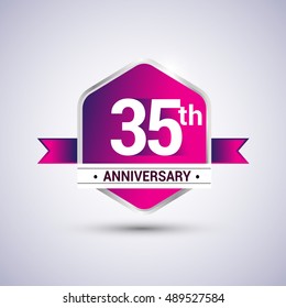 Logo 35th anniversary celebration isolated in red hexagon shape and blue ribbon colored, vector design.