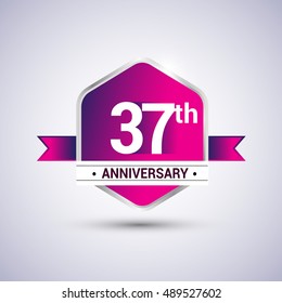Logo 37th anniversary celebration isolated in red hexagon shape and blue ribbon colored, vector design.