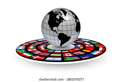 Logo 3D globe on podium with national flags, vector icon design.