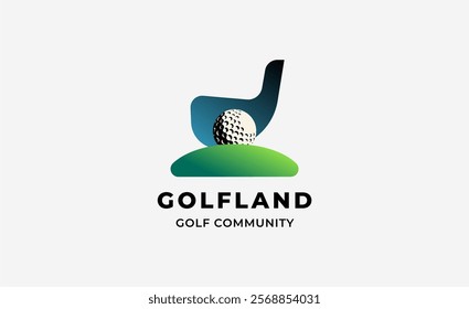 Logo 3D golf club with stick golf, ball golf and field. Design template for Society and community sport.