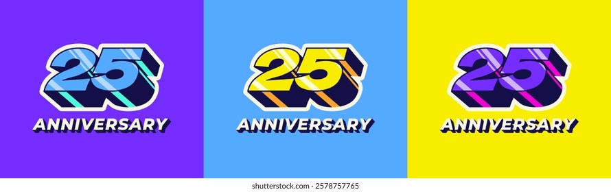 Logo 3D Retro Long Shadow Colorful 25th, 25th Happy Anniversary in Colorful 3D Retro with long shadow and Glossy effect. Modern and Old concept.