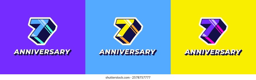 Logo 3D Retro Long Shadow Colorful 7th, 7th Happy Anniversary in Colorful 3D Retro with long shadow and Glossy effect. Modern and Old concept.