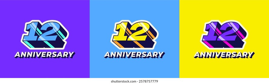 Logo 3D Retro Long Shadow Colorful 12th, 12th Happy Anniversary in Colorful 3D Retro with long shadow and Glossy effect. Modern and Old concept.