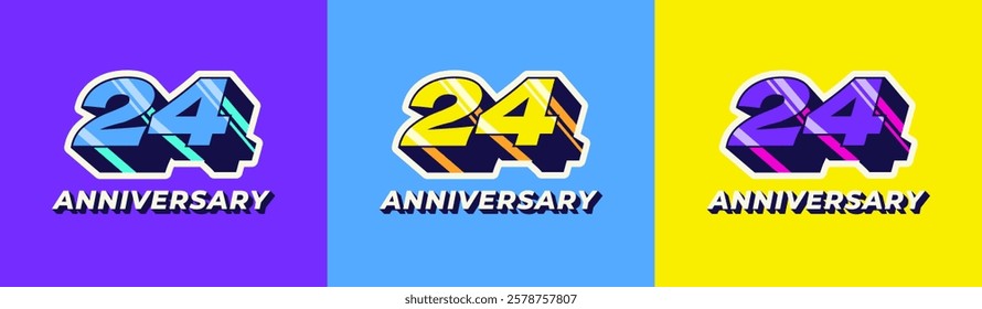 Logo 3D Retro Long Shadow Colorful 24th, 24th Happy Anniversary in Colorful 3D Retro with long shadow and Glossy effect. Modern and Old concept.