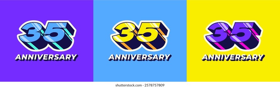 Logo 3D Retro Long Shadow Colorful 35th, 35th Happy Anniversary in Colorful 3D Retro with long shadow and Glossy effect. Modern and Old concept.