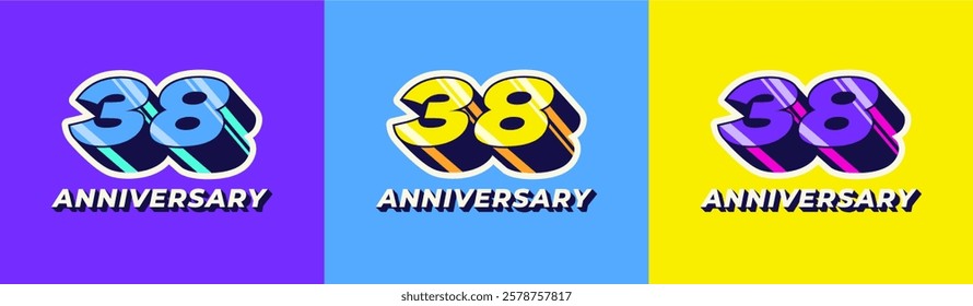 Logo 3D Retro Long Shadow Colorful 38th, 38th Happy Anniversary in Colorful 3D Retro with long shadow and Glossy effect. Modern and Old concept.