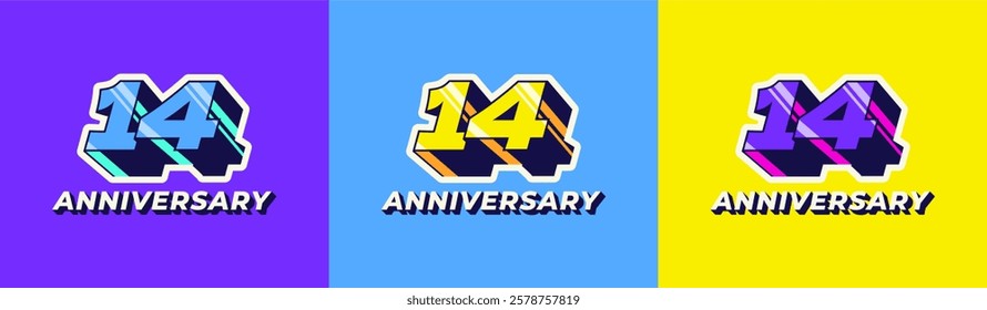 Logo 3D Retro Long Shadow Colorful 14th, 14th Happy Anniversary in Colorful 3D Retro with long shadow and Glossy effect. Modern and Old concept.