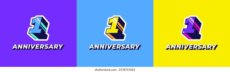 Logo 3D Retro Long Shadow Colorful 1st, 1st Happy Anniversary in Colorful 3D Retro with long shadow and Glossy effect. Modern and Old concept.