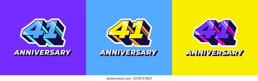 Logo 3D Retro Long Shadow Colorful 41th, 41th Happy Anniversary in Colorful 3D Retro with long shadow and Glossy effect. Modern and Old concept.