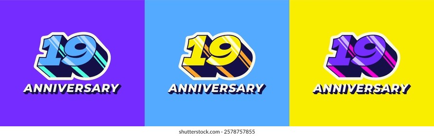 Logo 3D Retro Long Shadow Colorful 19th, 19th Happy Anniversary in Colorful 3D Retro with long shadow and Glossy effect. Modern and Old concept.
