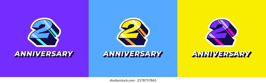 Logo 3D Retro Long Shadow Colorful 2nd, 2nd Happy Anniversary in Colorful 3D Retro with long shadow and Glossy effect. Modern and Old concept.