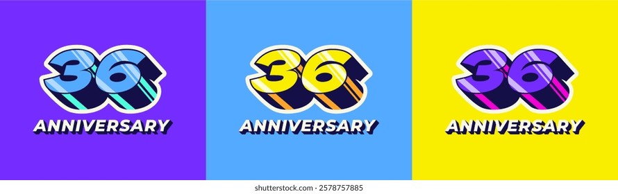 Logo 3D Retro Long Shadow Colorful 36th, 36th Happy Anniversary in Colorful 3D Retro with long shadow and Glossy effect. Modern and Old concept.