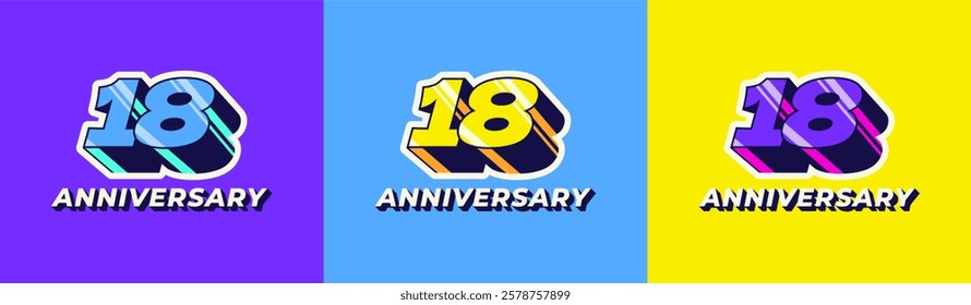 Logo 3D Retro Long Shadow Colorful 18th, 18th Happy Anniversary in Colorful 3D Retro with long shadow and Glossy effect. Modern and Old concept.