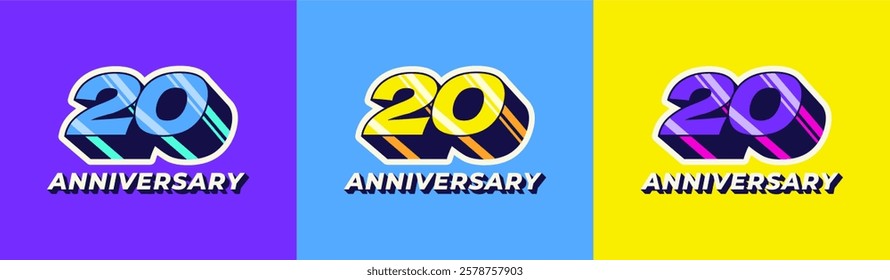Logo 3D Retro Long Shadow Colorful 20th, 20th Happy Anniversary in Colorful 3D Retro with long shadow and Glossy effect. Modern and Old concept.