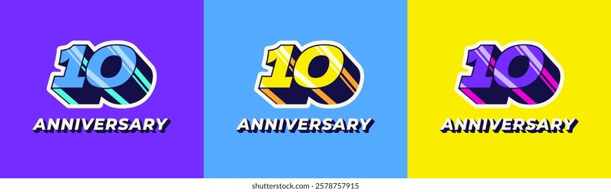 Logo 3D Retro Long Shadow Colorful 10th, 10th Happy Anniversary in Colorful 3D Retro with long shadow and Glossy effect. Modern and Old concept.