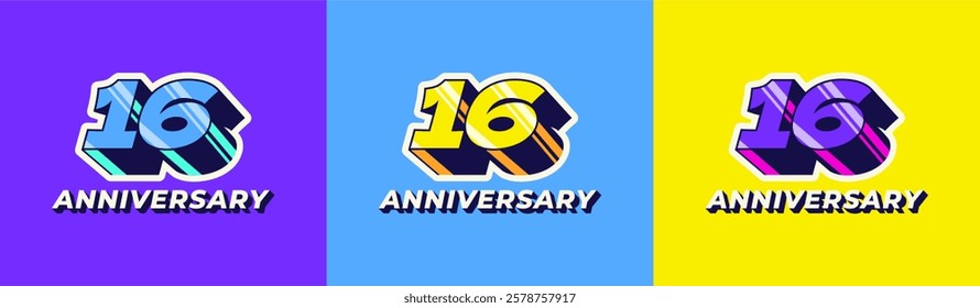 Logo 3D Retro Long Shadow Colorful 16th, 16th Happy Anniversary in Colorful 3D Retro with long shadow and Glossy effect. Modern and Old concept.