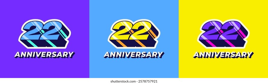 Logo 3D Retro Long Shadow Colorful 22th, 22th Happy Anniversary in Colorful 3D Retro with long shadow and Glossy effect. Modern and Old concept.