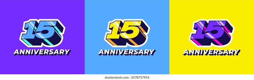 Logo 3D Retro Long Shadow Colorful 15th, 15th Happy Anniversary in Colorful 3D Retro with long shadow and Glossy effect. Modern and Old concept.