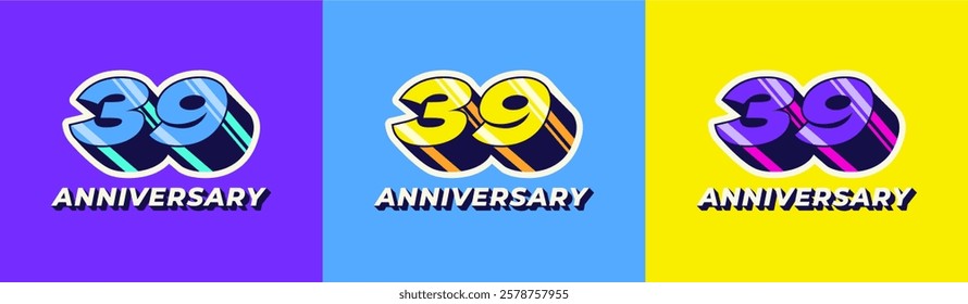 Logo 3D Retro Long Shadow Colorful 39th, 39th Happy Anniversary in Colorful 3D Retro with long shadow and Glossy effect. Modern and Old concept.