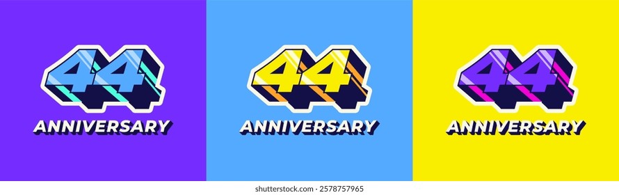Logo 3D Retro Long Shadow Colorful 44th, 44th Happy Anniversary in Colorful 3D Retro with long shadow and Glossy effect. Modern and Old concept.