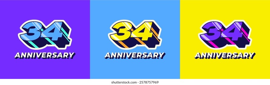 Logo 3D Retro Long Shadow Colorful 34th, 34th Happy Anniversary in Colorful 3D Retro with long shadow and Glossy effect. Modern and Old concept.