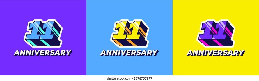 Logo 3D Retro Long Shadow Colorful 11th, 11th Happy Anniversary in Colorful 3D Retro with long shadow and Glossy effect. Modern and Old concept.