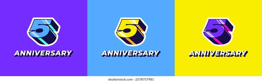 Logo 3D Retro Long Shadow Colorful 5th, 5th Happy Anniversary in Colorful 3D Retro with long shadow and Glossy effect. Modern and Old concept.