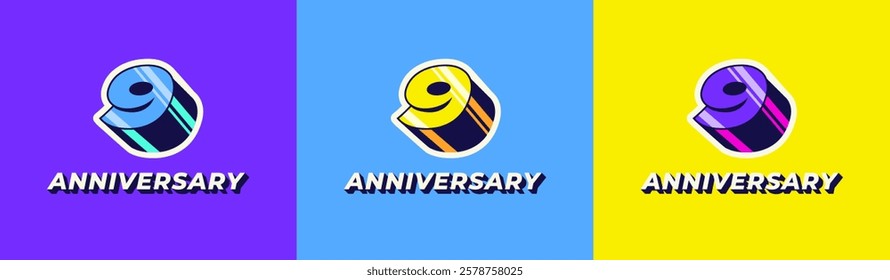 Logo 3D Retro Long Shadow Colorful 9th, 9th Happy Anniversary in Colorful 3D Retro with long shadow and Glossy effect. Modern and Old concept.