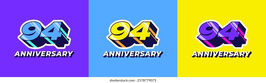 Logo 3D Retro Long Shadow Colorful 94th, 94th Happy Anniversary in Colorful 3D Retro with long shadow and Glossy effect. Modern and Old concept.