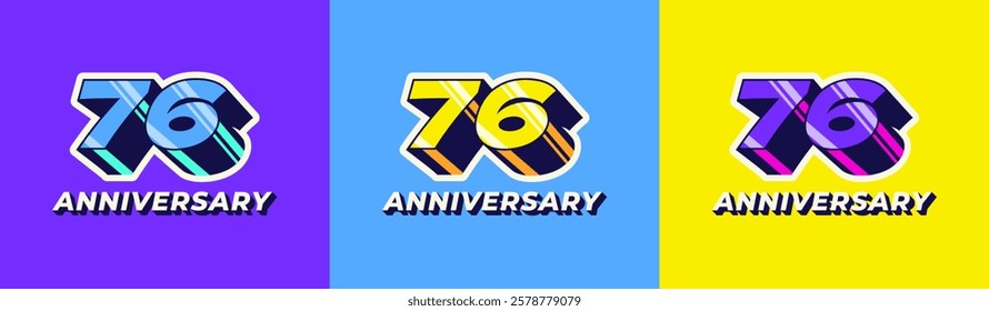 Logo 3D Retro Long Shadow Colorful 76th, 76th Happy Anniversary in Colorful 3D Retro with long shadow and Glossy effect. Modern and Old concept.