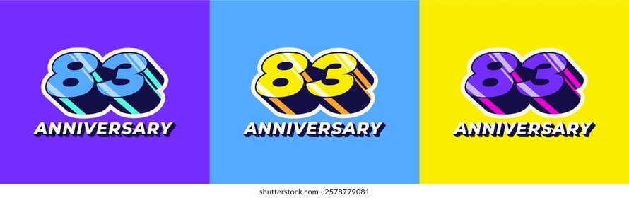 Logo 3D Retro Long Shadow Colorful 83th, 83th Happy Anniversary in Colorful 3D Retro with long shadow and Glossy effect. Modern and Old concept.