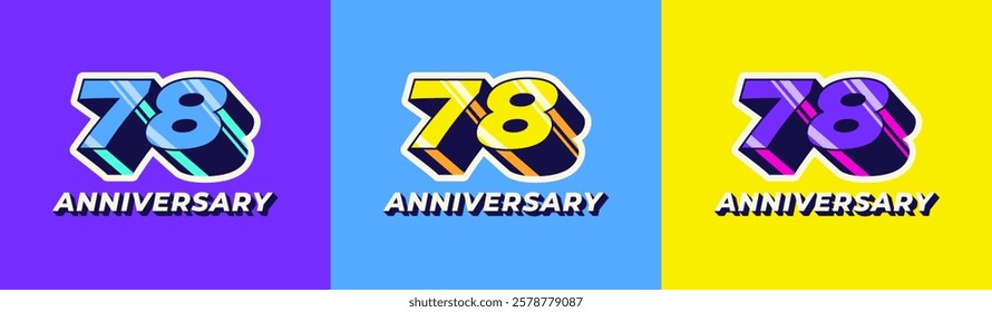 Logo 3D Retro Long Shadow Colorful 78th, 78th Happy Anniversary in Colorful 3D Retro with long shadow and Glossy effect. Modern and Old concept.
