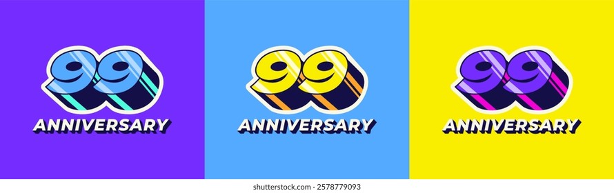 Logo 3D Retro Long Shadow Colorful 99th, 99th Happy Anniversary in Colorful 3D Retro with long shadow and Glossy effect. Modern and Old concept.