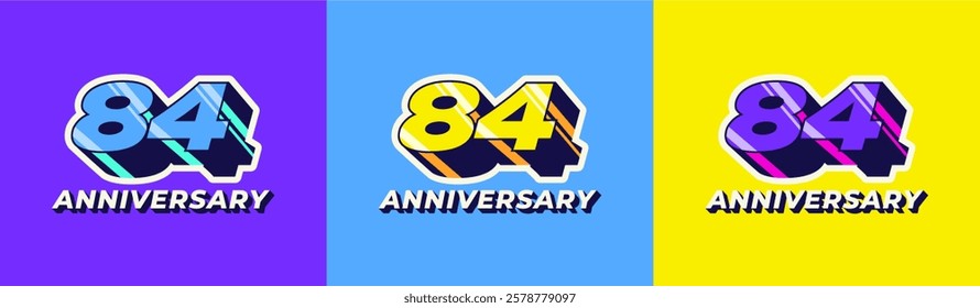 Logo 3D Retro Long Shadow Colorful 84th, 84th Happy Anniversary in Colorful 3D Retro with long shadow and Glossy effect. Modern and Old concept.