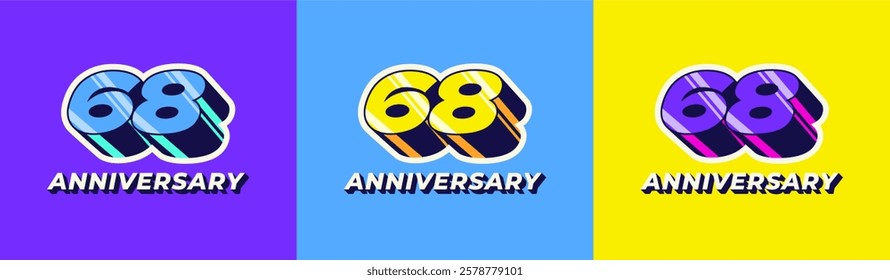 Logo 3D Retro Long Shadow Colorful 68th, 68th Happy Anniversary in Colorful 3D Retro with long shadow and Glossy effect. Modern and Old concept.