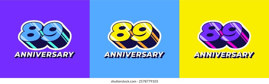 Logo 3D Retro Long Shadow Colorful 89th, 89th Happy Anniversary in Colorful 3D Retro with long shadow and Glossy effect. Modern and Old concept.