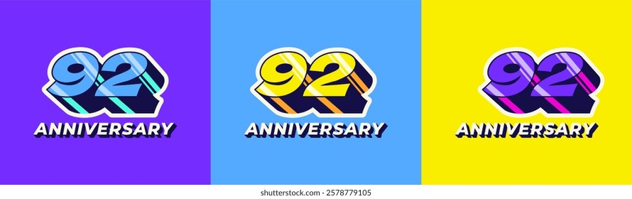 Logo 3D Retro Long Shadow Colorful 92th, 92th Happy Anniversary in Colorful 3D Retro with long shadow and Glossy effect. Modern and Old concept.