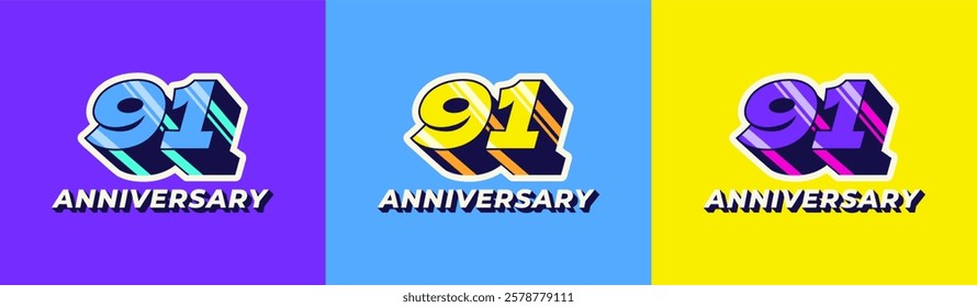 Logo 3D Retro Long Shadow Colorful 91th, 91th Happy Anniversary in Colorful 3D Retro with long shadow and Glossy effect. Modern and Old concept.