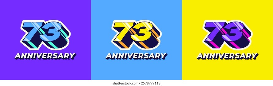 Logo 3D Retro Long Shadow Colorful 73th, 73th Happy Anniversary in Colorful 3D Retro with long shadow and Glossy effect. Modern and Old concept.