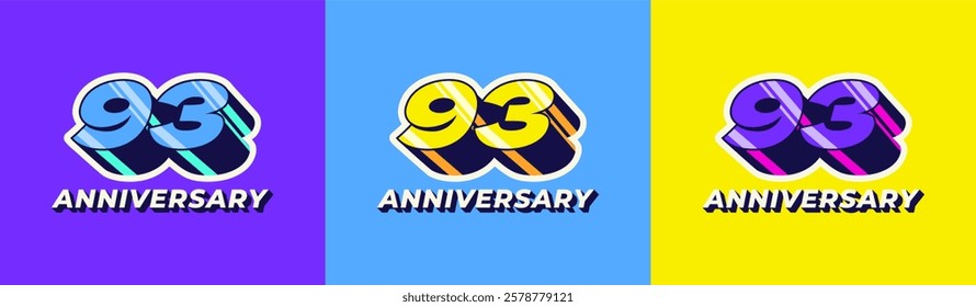 Logo 3D Retro Long Shadow Colorful 93th, 93th Happy Anniversary in Colorful 3D Retro with long shadow and Glossy effect. Modern and Old concept.