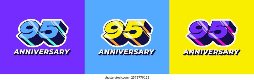 Logo 3D Retro Long Shadow Colorful 95th, 95th Happy Anniversary in Colorful 3D Retro with long shadow and Glossy effect. Modern and Old concept.