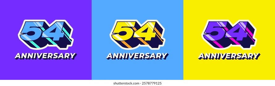 Logo 3D Retro Long Shadow Colorful 54th, 54th Happy Anniversary in Colorful 3D Retro with long shadow and Glossy effect. Modern and Old concept.