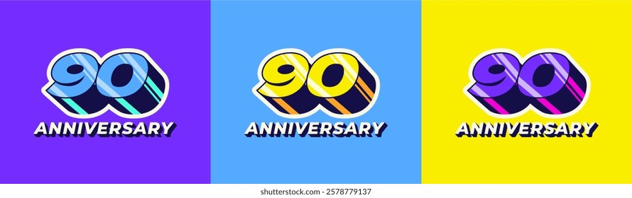 Logo 3D Retro Long Shadow Colorful 90th, 90th Happy Anniversary in Colorful 3D Retro with long shadow and Glossy effect. Modern and Old concept.