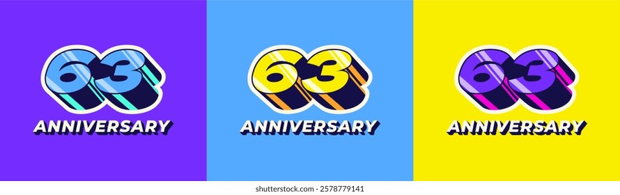 Logo 3D Retro Long Shadow Colorful 63th, 63th Happy Anniversary in Colorful 3D Retro with long shadow and Glossy effect. Modern and Old concept.