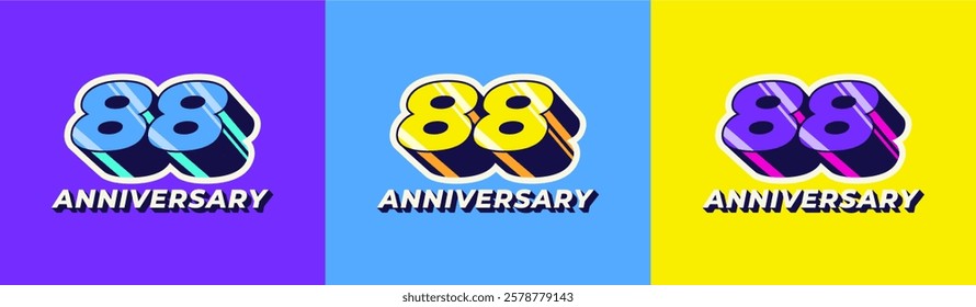 Logo 3D Retro Long Shadow Colorful 88th, 88th Happy Anniversary in Colorful 3D Retro with long shadow and Glossy effect. Modern and Old concept.