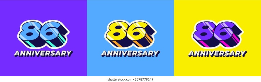 Logo 3D Retro Long Shadow Colorful 86th, 86th Happy Anniversary in Colorful 3D Retro with long shadow and Glossy effect. Modern and Old concept.