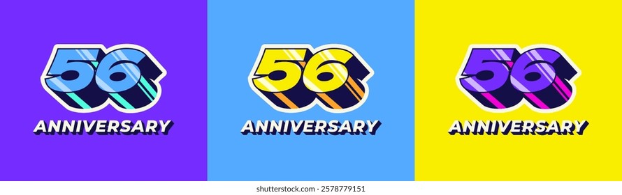 Logo 3D Retro Long Shadow Colorful 56th, 56th Happy Anniversary in Colorful 3D Retro with long shadow and Glossy effect. Modern and Old concept.