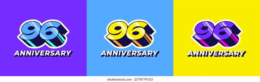 Logo 3D Retro Long Shadow Colorful 96th, 96th Happy Anniversary in Colorful 3D Retro with long shadow and Glossy effect. Modern and Old concept.
