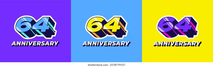 Logo 3D Retro Long Shadow Colorful 64th, 64th Happy Anniversary in Colorful 3D Retro with long shadow and Glossy effect. Modern and Old concept.