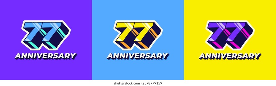 Logo 3D Retro Long Shadow Colorful 77th, 77th Happy Anniversary in Colorful 3D Retro with long shadow and Glossy effect. Modern and Old concept.